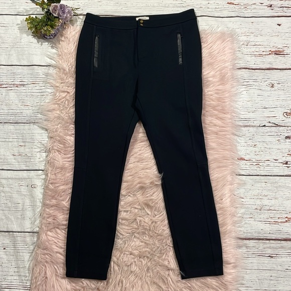 Anthropologie essential slim black tapered Ponte pants faux leather trim - Picture 2 of 9